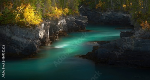 Mystical Glowing Turquoise River in an Autumn Forest.