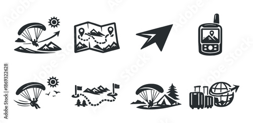Adventure icons: paragliding, camping, gps, maps, nature exploration symbols