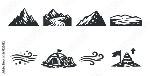Minimalist outdoor adventure icons: mountains, rivers, camping, hiking, trails