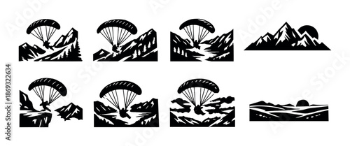 Monochrome mountain adventure icons with parachutes and snowy peaks