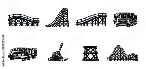 Collection of vintage roller coaster and amusement ride icons on gray background