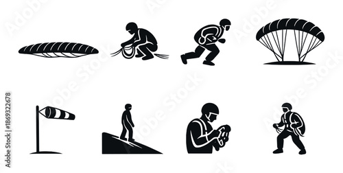 Parachuting process silhouettes: rigging to landing sequence