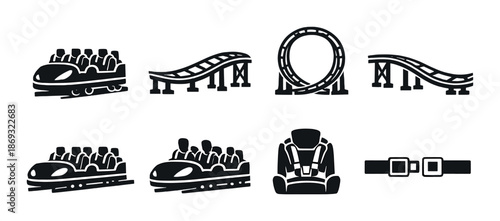 Roller coaster icons set: cars, tracks, seatbelt symbols on gray background