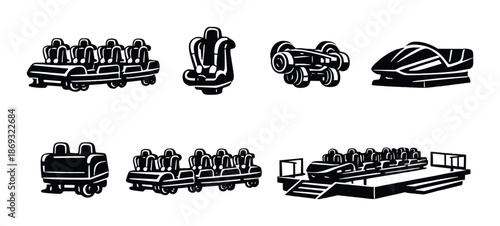 Collection of monochrome amusement park ride icons on gray background