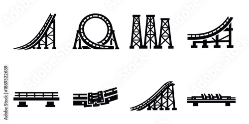 Roller coaster track icons set on dark background