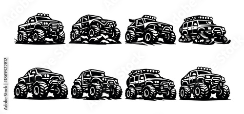 Monochrome off-road vehicles in various designs on dark background