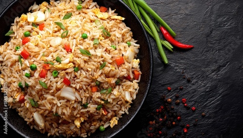 Stir-fried rice dish with vegetables and eggs