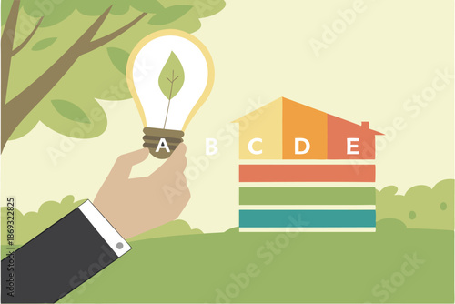  A close-up photograph of a hand holding a glowing light bulb, with a colorful energy efficiency diagram behind it. The diagram shows a light bulb with energy efficiency levels labeled A, B, C, D, a