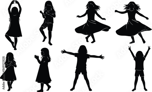 Black silhouette vector art of children dancing spinning clapping jumping and celebrating with arms raised in joyful playful happy poses on white background