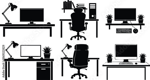 Black and white minimalist vector art showing multiple office desk setups with computers desk lamps office chairs potted plants keyboards and computer towers in various angles and views