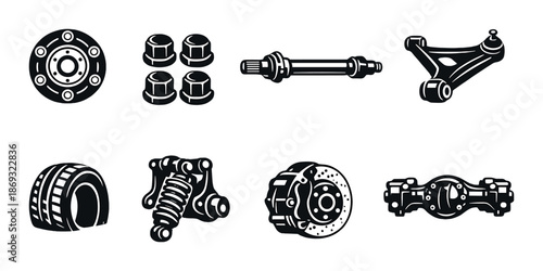 Collection of various monochrome car parts on dark background