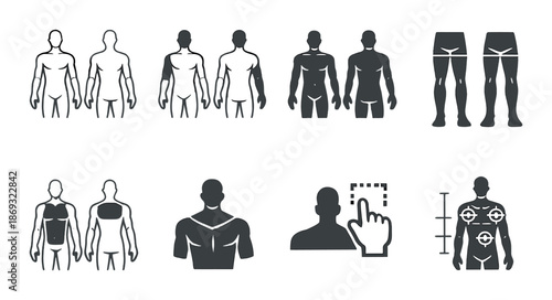 Human silhouettes and body part diagrams on grayscale background