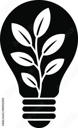 Solid Black Plant Growing from Recycled Paper Lightbulb Silhouette Sustainable Innovation Icon