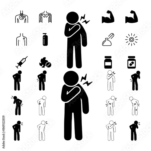 shoulder dislocation, shoulder pain and other pain silhouette pack Young man Unhealthy man touch shoulder suffer from back injury or trauma. Unwell sick guy struggle with acute pain or muscular spasm 