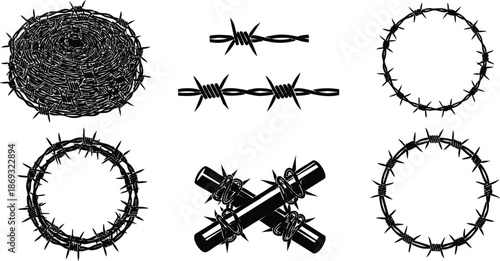 Monochrome vector art featuring various realistic barbed wire designs including circular wreaths horizontal strands and crossed wire sections detailed sharp elements isolated