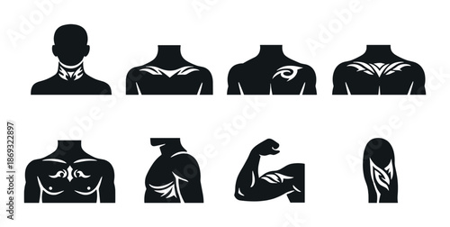 Tribal tattoo designs on silhouetted male figures highlighting neck, arm, and chest