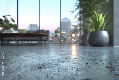 Modern interior, concrete floor, city view