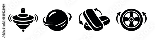 Silhouettes of rotating toy shapes on dark background