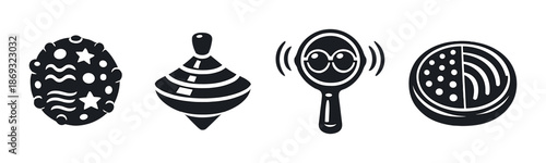 Minimalist icons of magnet, spinning top, magnifying glass, frisbee on gray background