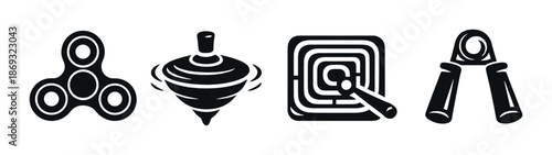 Silhouette icons of spinner, spinning top, labyrinth, and hand grip exerciser on gray background