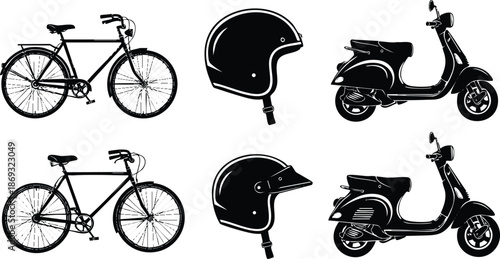 Black silhouette bicycle and scooter with vintage style helmets side view set vector art with detailed wheels and handlebars realistic minimalist design isolated on white background