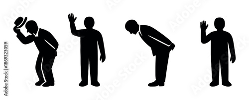 Silhouette of people bowing in cultural greeting on gradient background