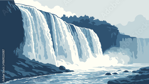 A serene illustration of a large waterfall cascading down a rocky cliff into a calm body of water with a blue-toned landscape and cloudy sky.