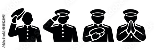 Silhouette icons of military officers in various saluting poses on gray background