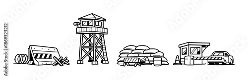 Military outpost illustration featuring barricades, tower, sandbags, and vehicle checkpoint