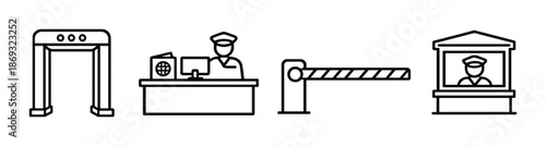 Airport security icons - metal detector, passport check, barrier gate, guard booth