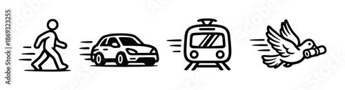 Transportation icons: walking, car, train, homing pigeon with message