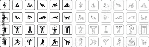 Set of exercise fitness icons, collection of workout training activity symbols, group of flat line vector illustrations, add yoga, cardio, stretching, gym routine, healthy lifestyle, black icon