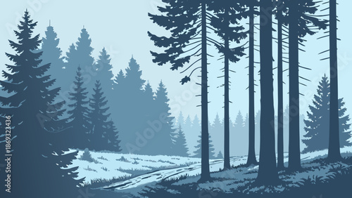Illustration of a serene forest landscape with tall pine trees on a hillside against a misty background with a monochromatic blue color scheme.