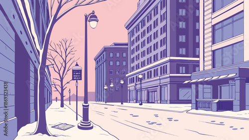 Illustration of a snowy city street with bare trees and buildings in purple and pink hues at dusk.