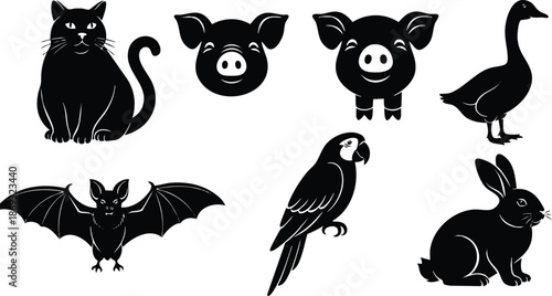 Flat design collection of black silhouette animals including sitting cat walking pig smiling pig standing goose flying bat perched parrot and resting rabbit on white background