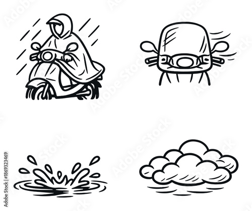 Rainy day ride - scooter in rain with splash and cloud illustration