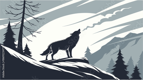 A wolf stands on a snowy hill, howling at the moon with pine trees and mountains in the background, in a monochromatic illustration.