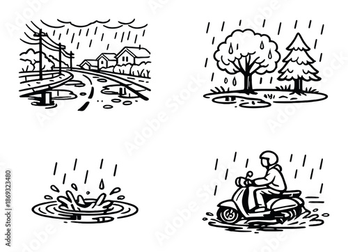 Rainy scenes: flooded road, trees, splash, scooter ride