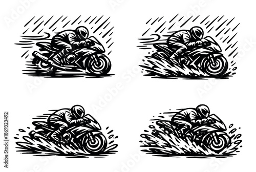 Monochrome illustrations of motorcyclists racing through rain and water