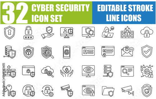 Cyber Security Icon Set - Data Protection, Secured Network, Privacy, Firewall, Encryption, Hacker Shield, Cybersecurity, Antivirus, Virus Protection, Digital Safety and More - Editable Stroke Vector I