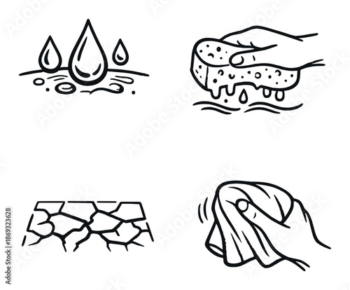 Abstract minimalist symbols: water drops, sponge, cracked ground, tissue in hand