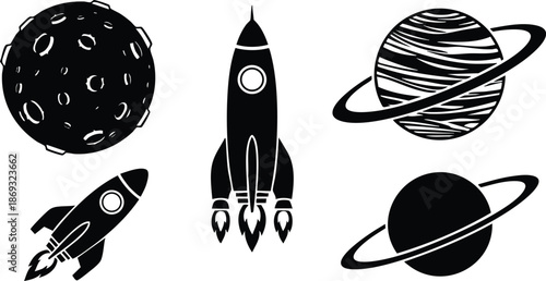 Black silhouette vector art of two rockets launching and two ringed planets with cratered moon space exploration icons isolated on white background