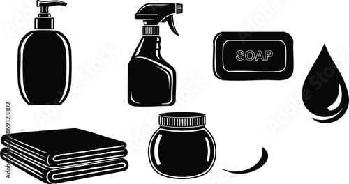 Minimalist black silhouette collection of cleaning supplies including pump bottle spray bottle soap bar liquid drop towels and cream jar set in simple vector style