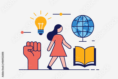 A woman walking with symbols of knowledge, empowerment, and global awareness, representing education and social progress.