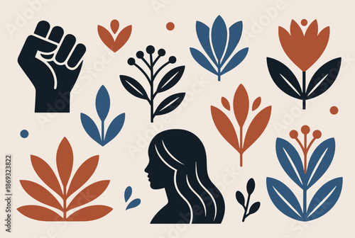 Stylized graphic illustration featuring a raised fist, a woman's profile, and various floral elements in a modern, minimalist design.