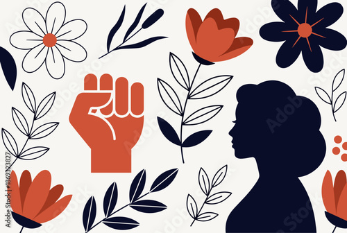 Feminist illustration with a woman's silhouette, a raised fist, and various floral elements in red, black, and white on a light background.