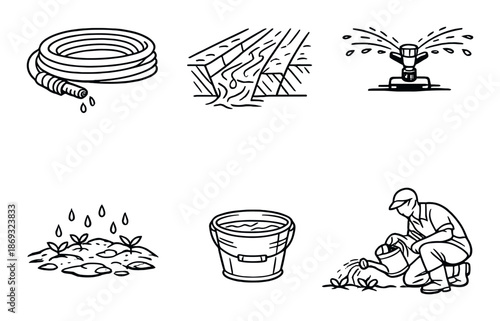 Gardening tools and techniques: hose, irrigation, watering plants, mulching, bucket