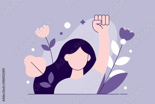 Illustration of a strong woman raising her fist surrounded by flowers, symbolizing empowerment and women's rights.