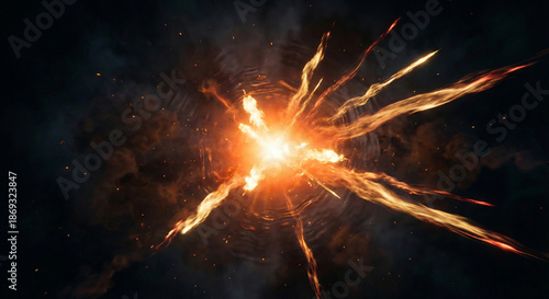 Bright cosmic explosion radiating fiery energy with twisting light trails in dark space