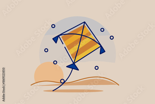 Minimalist illustration of a striped kite flying in a clear sky with a setting sun and abstract elements.